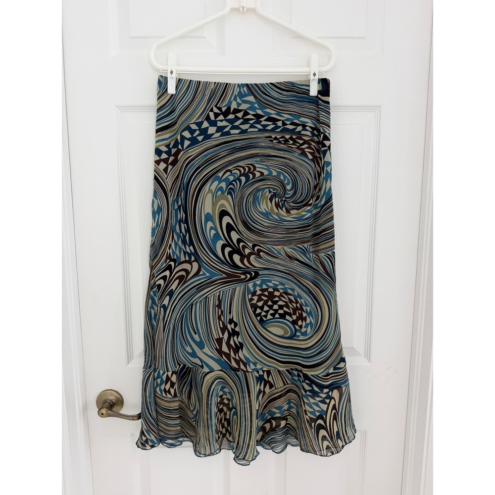 Vintage Y2K Style Blue Abstract Swirl Midi Skirt Indie Sleaze Boho Artsy M